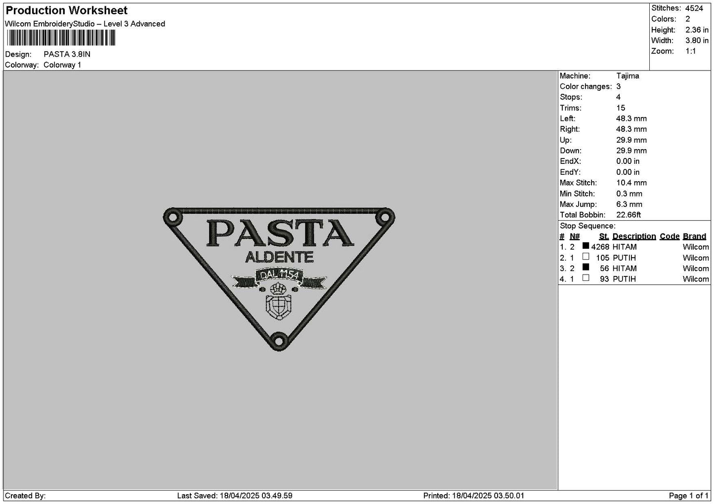 Pastatext1804 Embroidery File 6 sizes