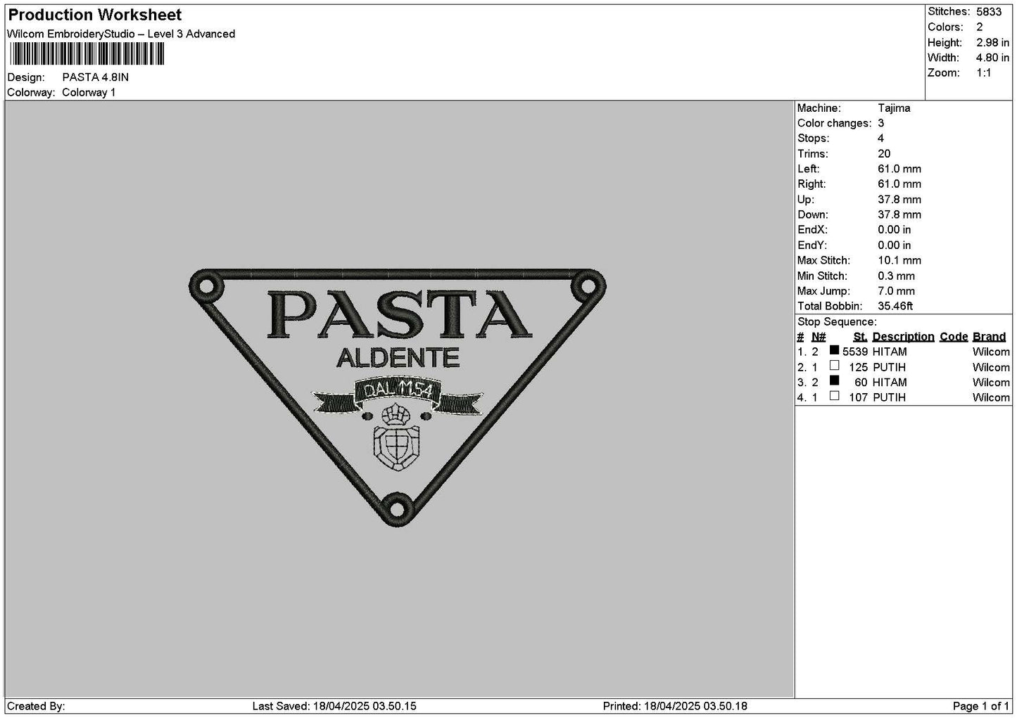 Pastatext1804 Embroidery File 6 sizes