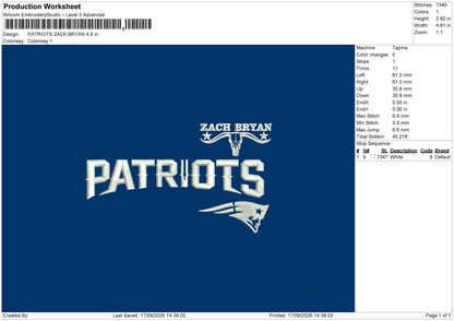 Patriots Text 1709 Embroidery Machine Design File 6 sizes
