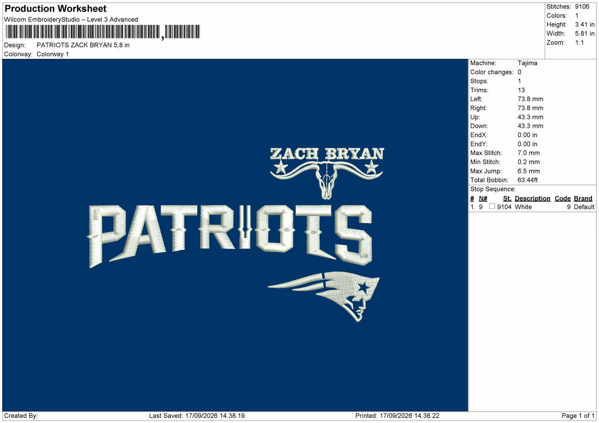 Patriots Text 1709 Embroidery Machine Design File 6 sizes