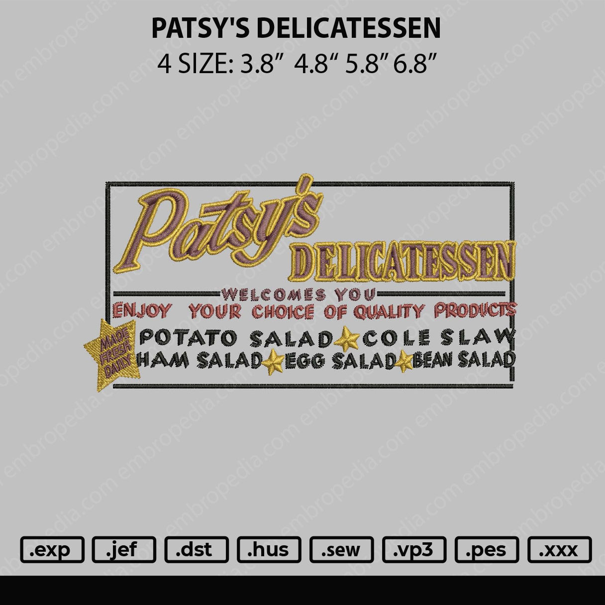 Patsy's Delicatessen Embroidery File 4 sizes