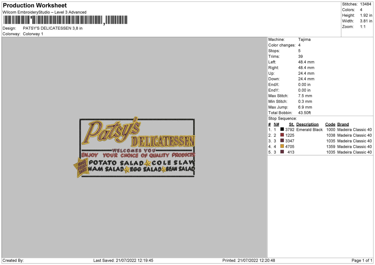 Patsy's Delicatessen Embroidery File 4 sizes