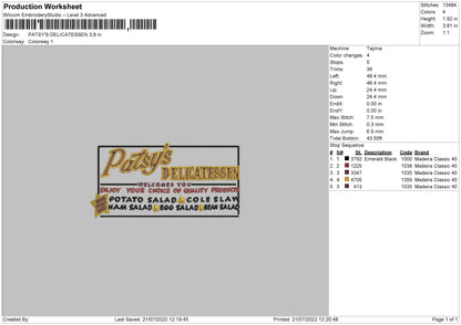 Patsy's Delicatessen Embroidery File 4 sizes