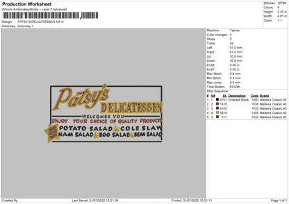 Patsy's Delicatessen Embroidery File 4 sizes