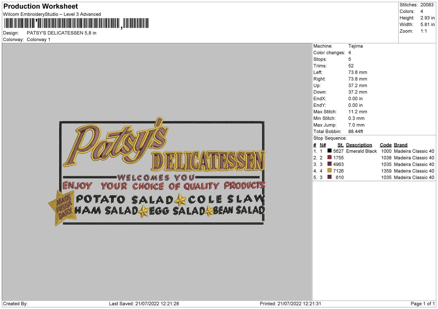 Patsy's Delicatessen Embroidery File 4 sizes