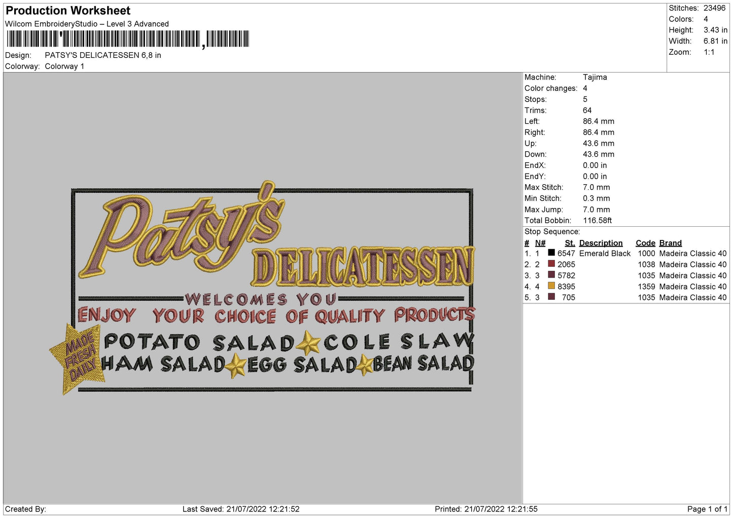 Patsy's Delicatessen Embroidery File 4 sizes
