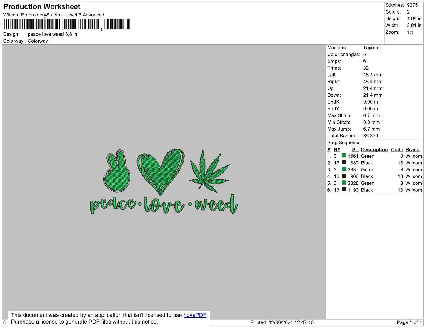 Peace Love Weed Embroidery File 4 size