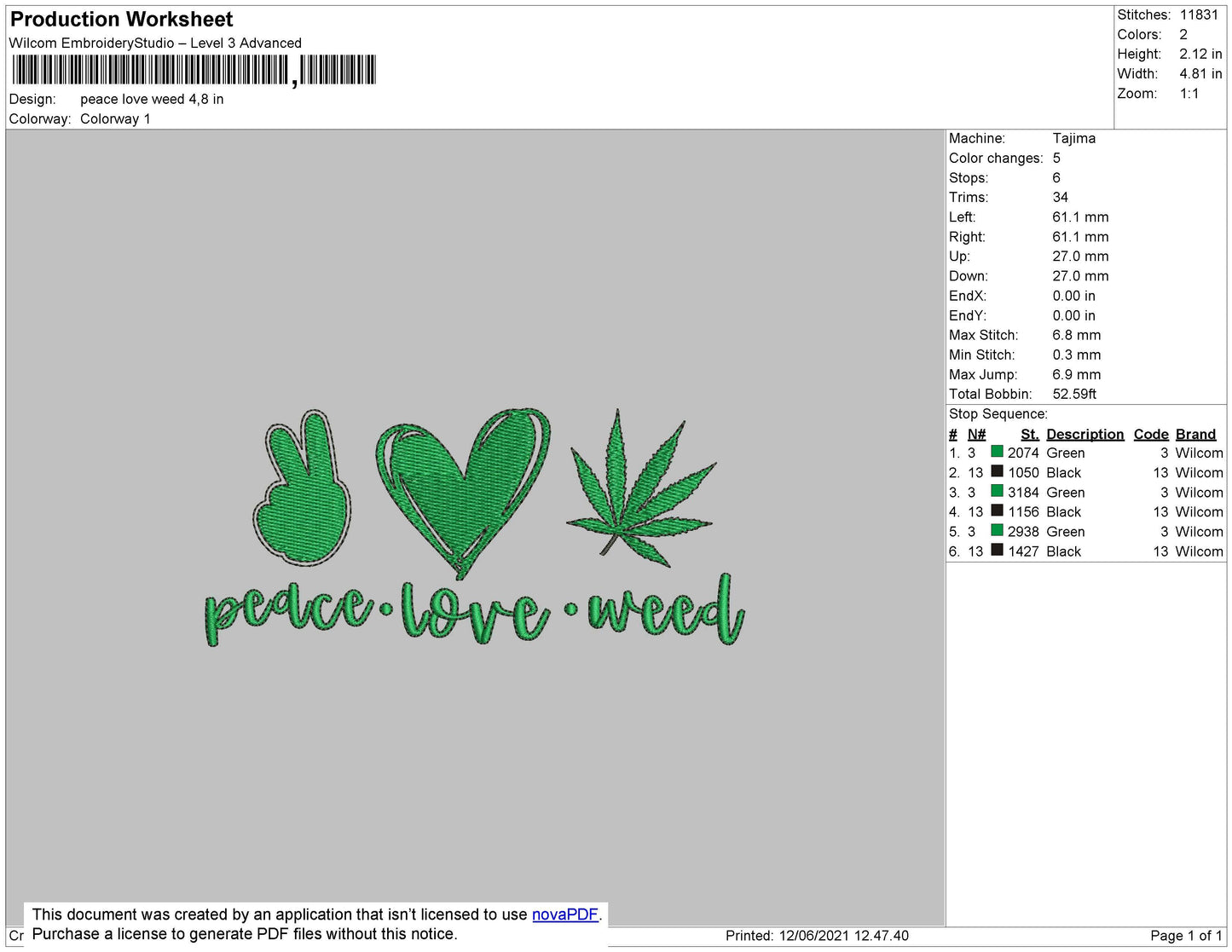 Peace Love Weed Embroidery File 4 size