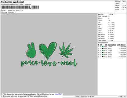 Peace Love Weed Embroidery File 4 size