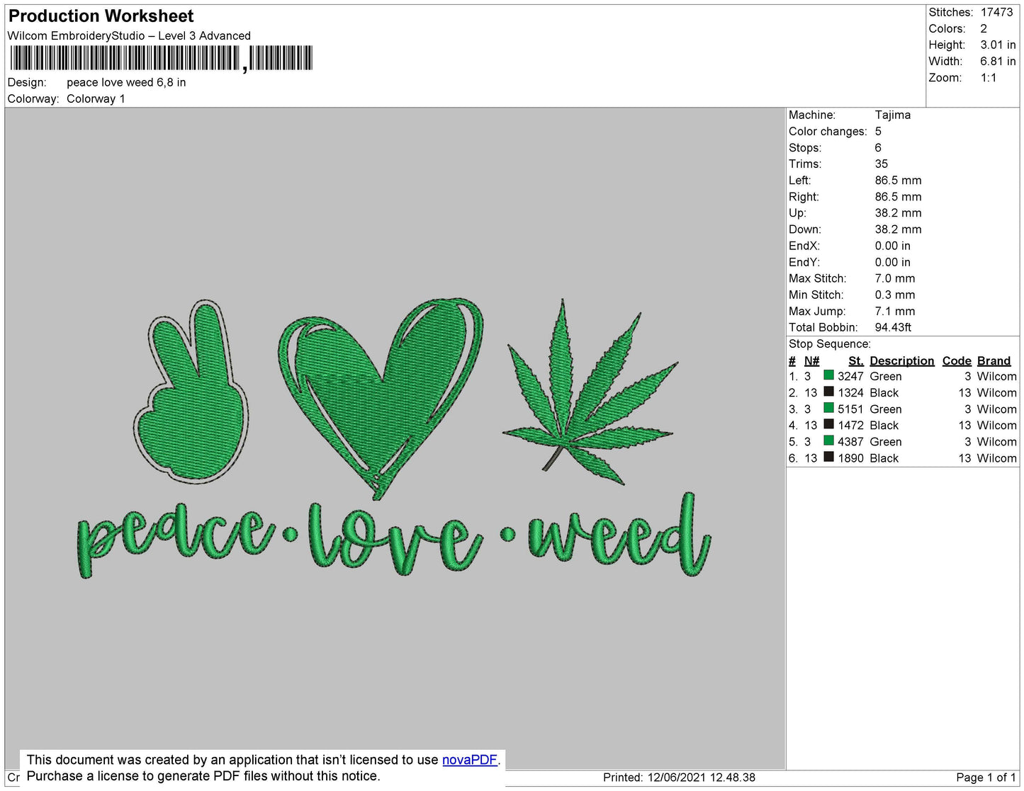 Peace Love Weed Embroidery File 4 size