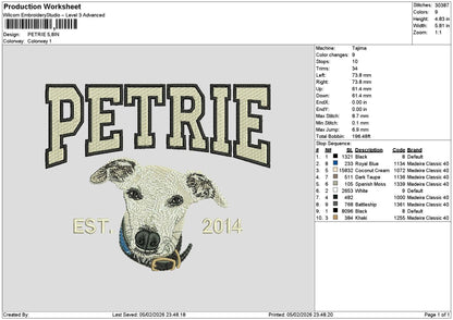 Petrie Dog Embroidery File 6 sizes