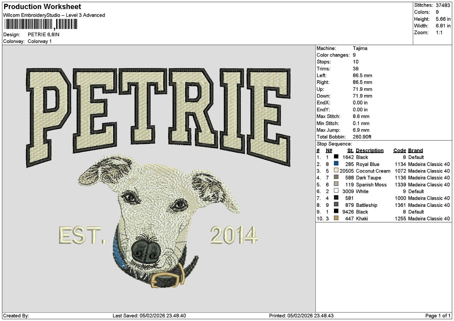Petrie Dog Embroidery File 6 sizes
