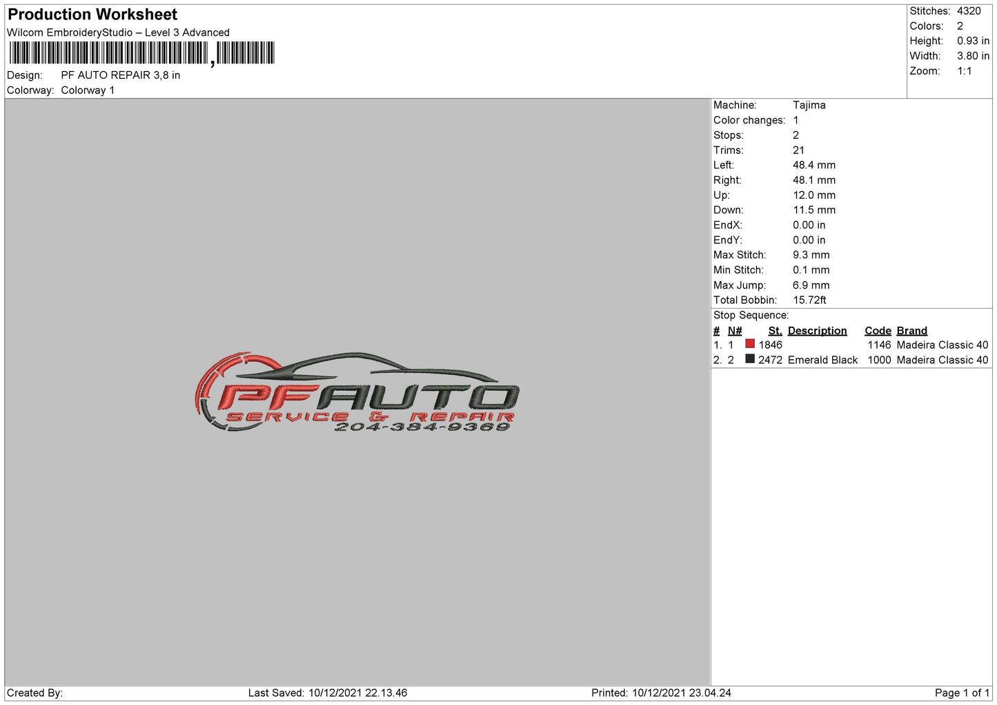 PF Auto Repair Embroidery File 4 size