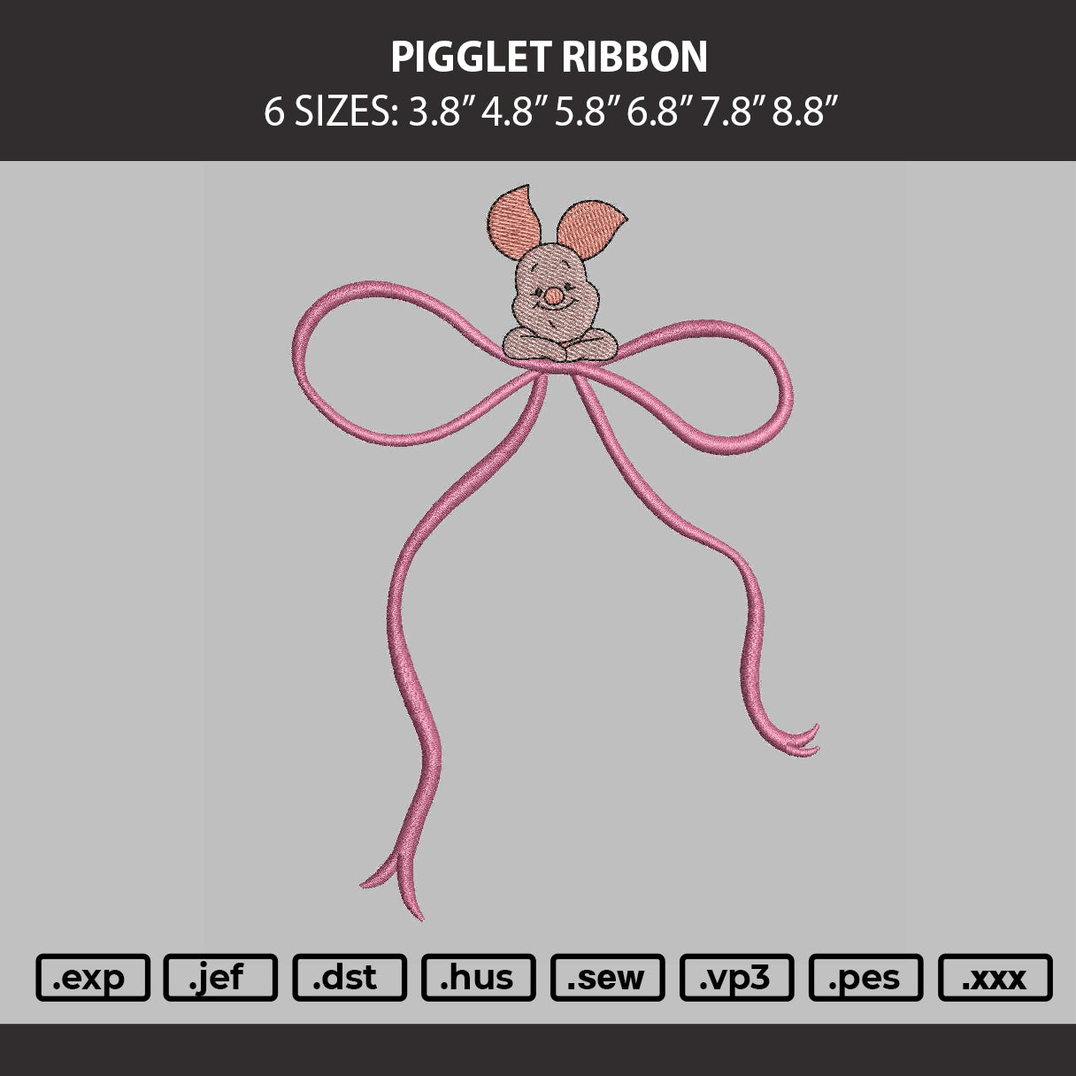 Piglet Ribbon Embroidery Machine Design File 6 sizes