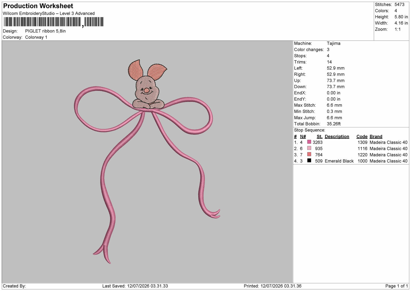 Piglet Ribbon Embroidery Machine Design File 6 sizes