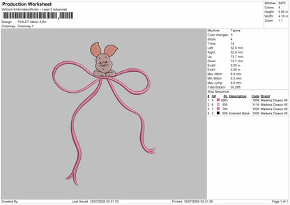 Piglet Ribbon Embroidery Machine Design File 6 sizes