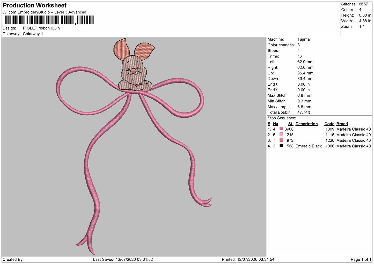Piglet Ribbon Embroidery Machine Design File 6 sizes