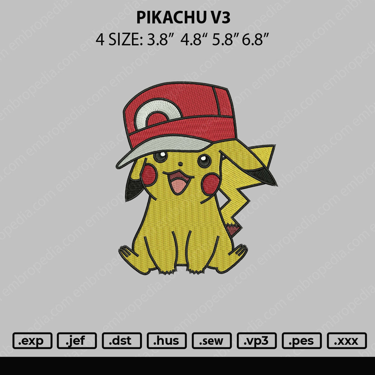 Pikachu Caps Embroidery File 4 size