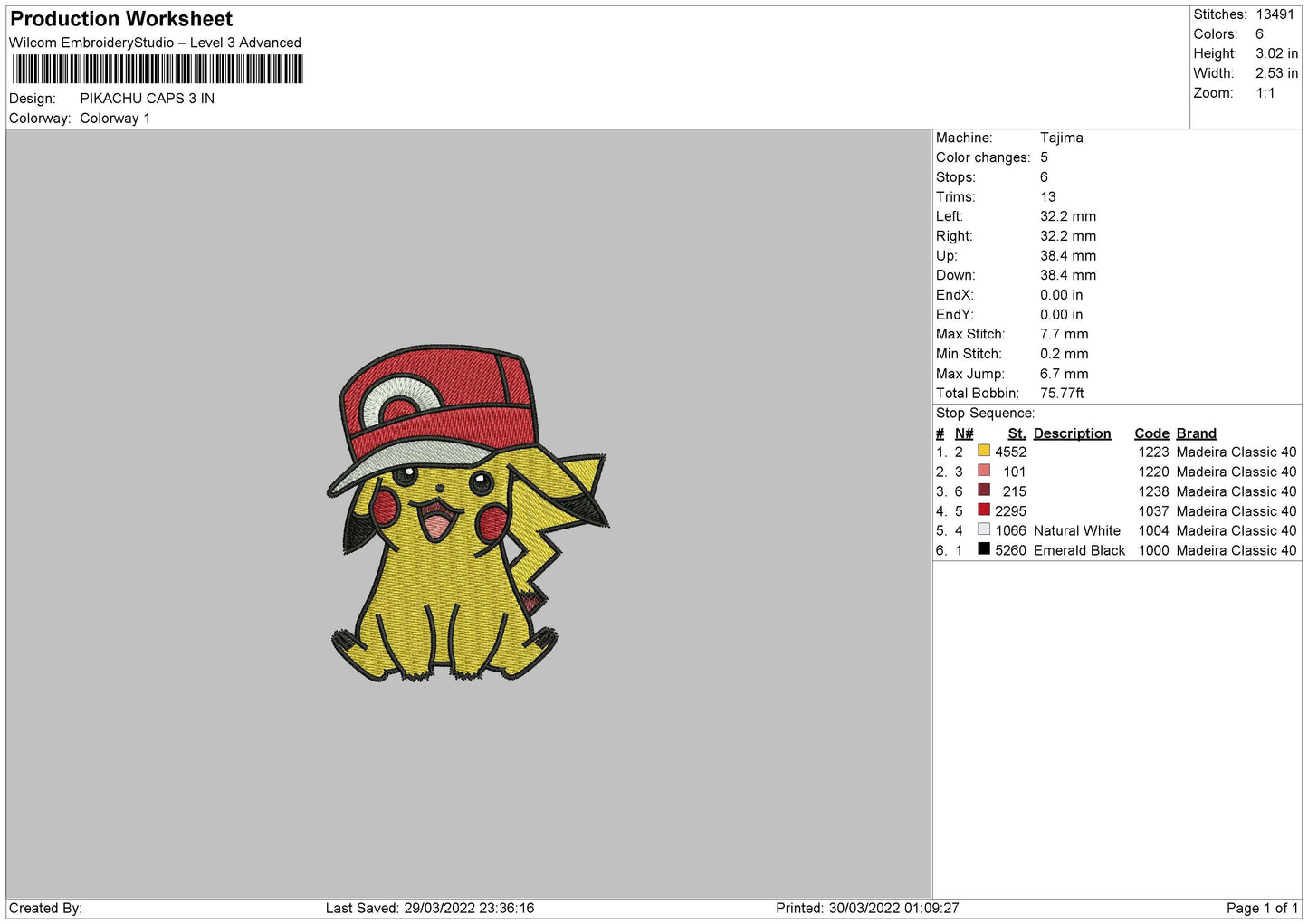 Pikachu Caps Embroidery File 4 size