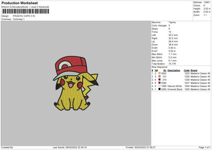Pikachu Caps Embroidery File 4 size