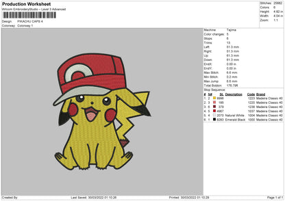 Pikachu Caps Embroidery File 4 size