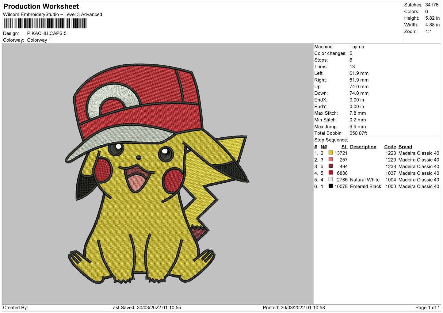 Pikachu Caps Embroidery File 4 size