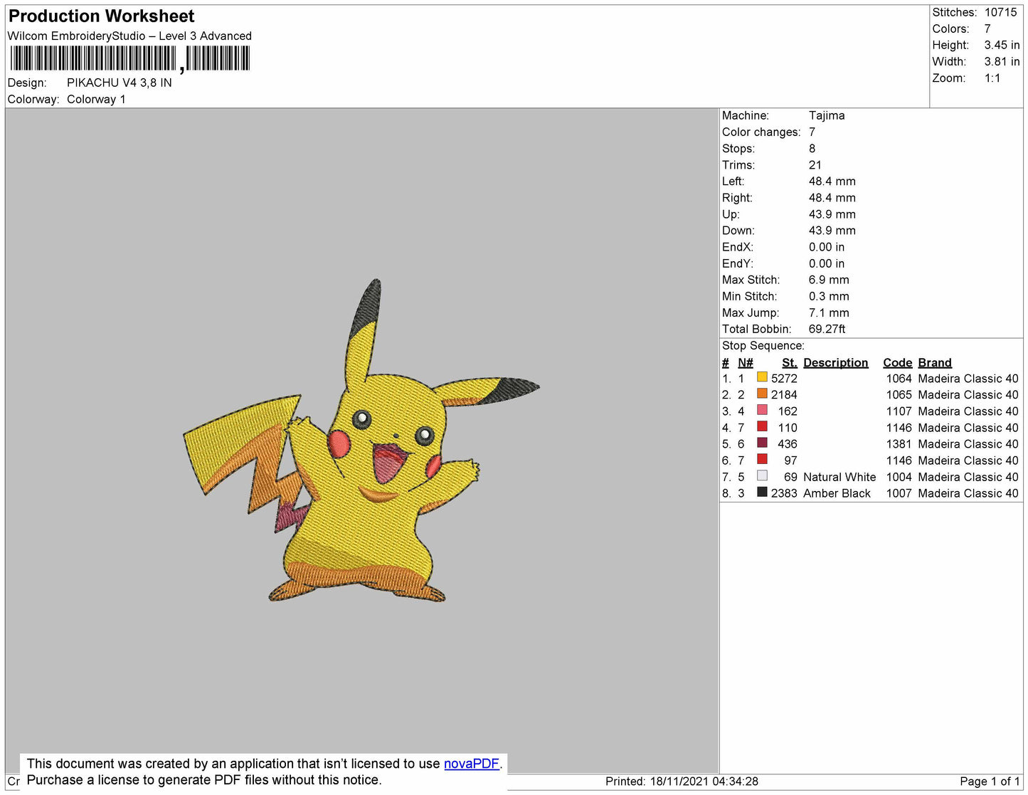 Pikachu V4 Embroidery File 4 size