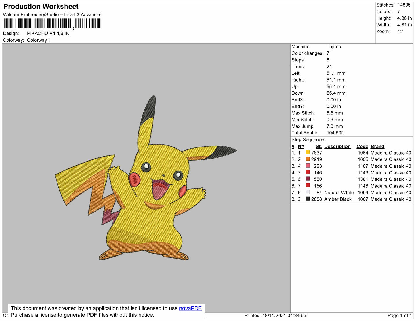Pikachu V4 Embroidery File 4 size