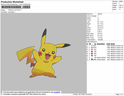 Pikachu V4 Embroidery File 4 size