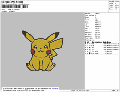 Pikachu V3 Embroidery File 7 size