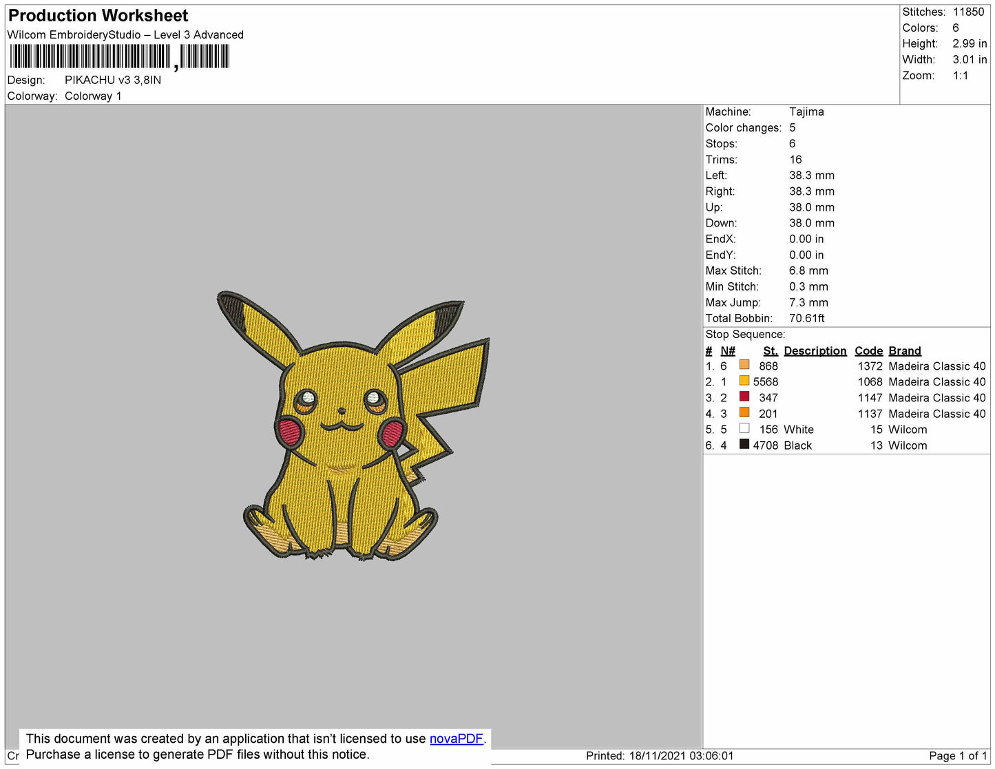 Pikachu V3 Embroidery File 7 size