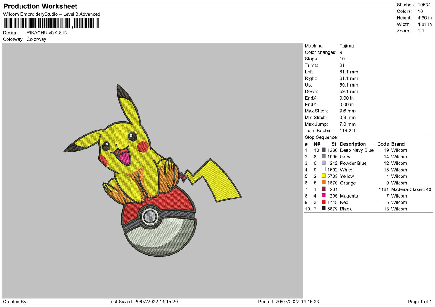Pikachu V5 Embroidery File V5 Embroidery File 4 sizes