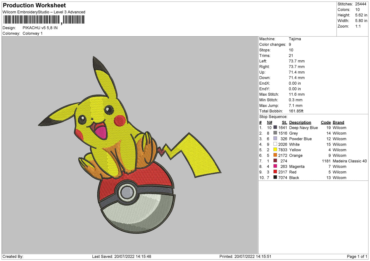 Pikachu V5 Embroidery File V5 Embroidery File 4 sizes
