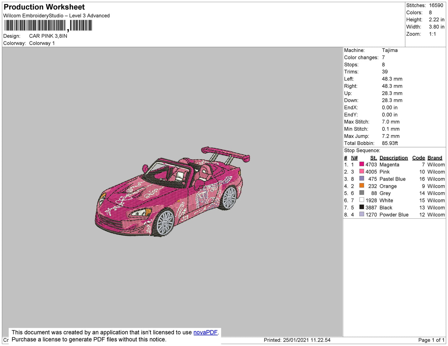 Pink Car Embroidery File 4 size