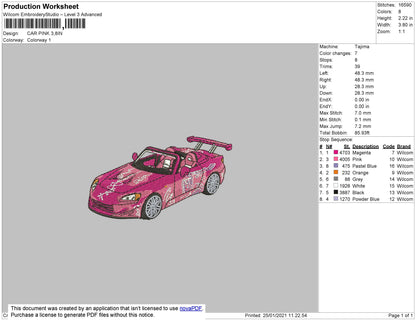 Pink Car Embroidery File 4 size