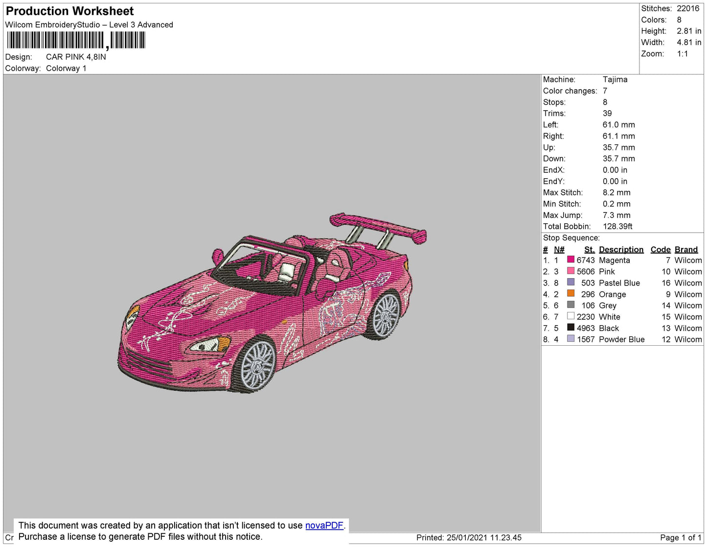 Pink Car Embroidery File 4 size