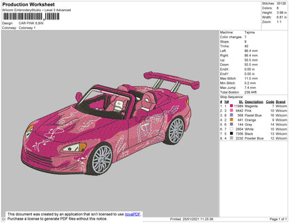 Pink Car Embroidery File 4 size