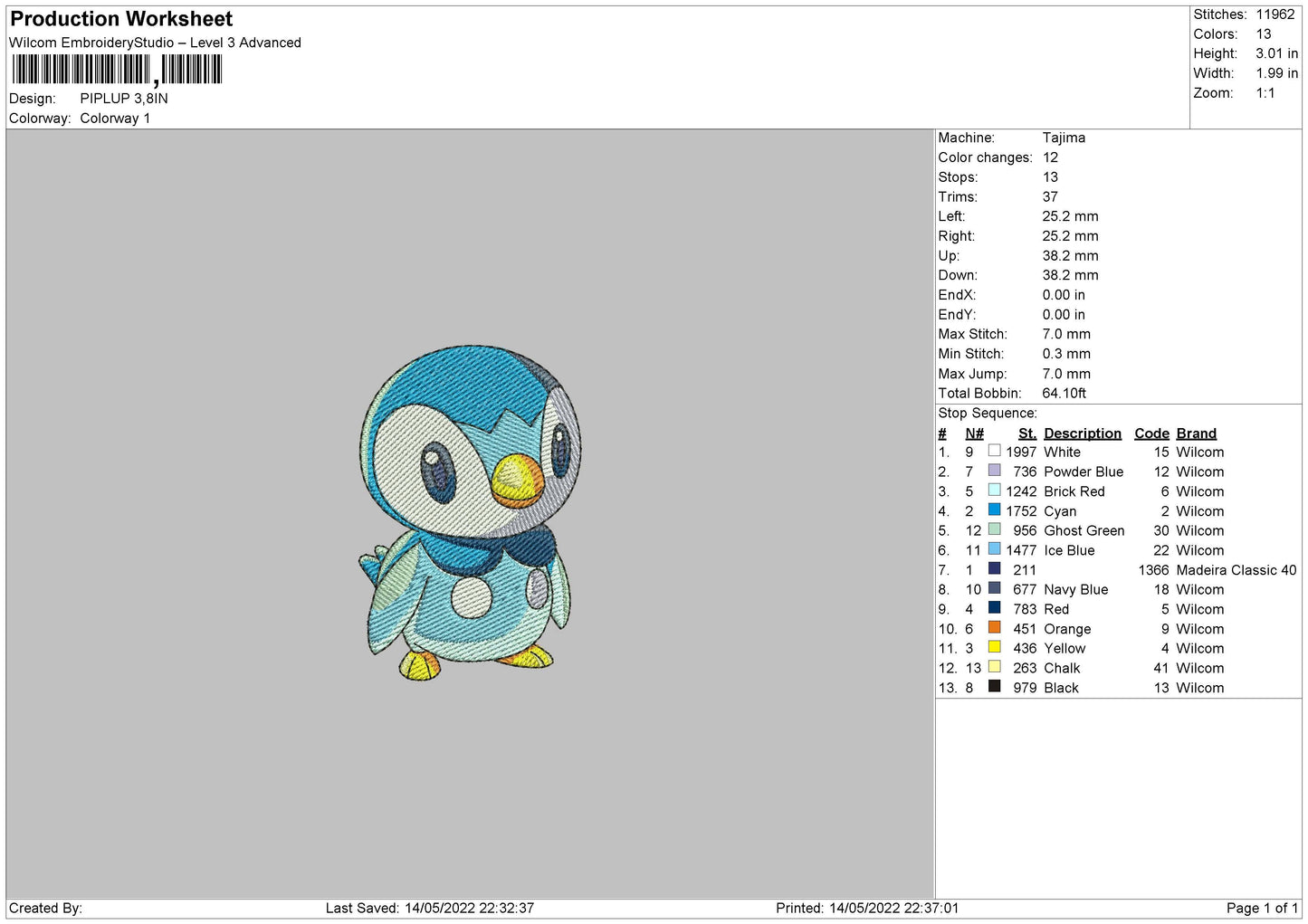 Piplup Embroidery File 4 size