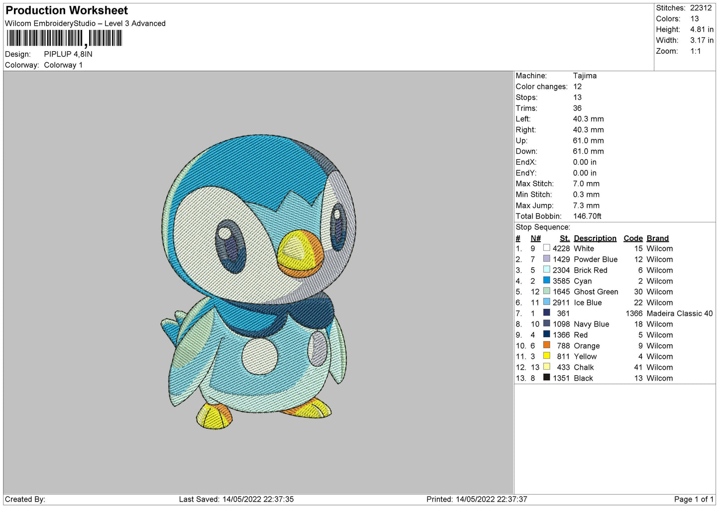 Piplup Embroidery File 4 size