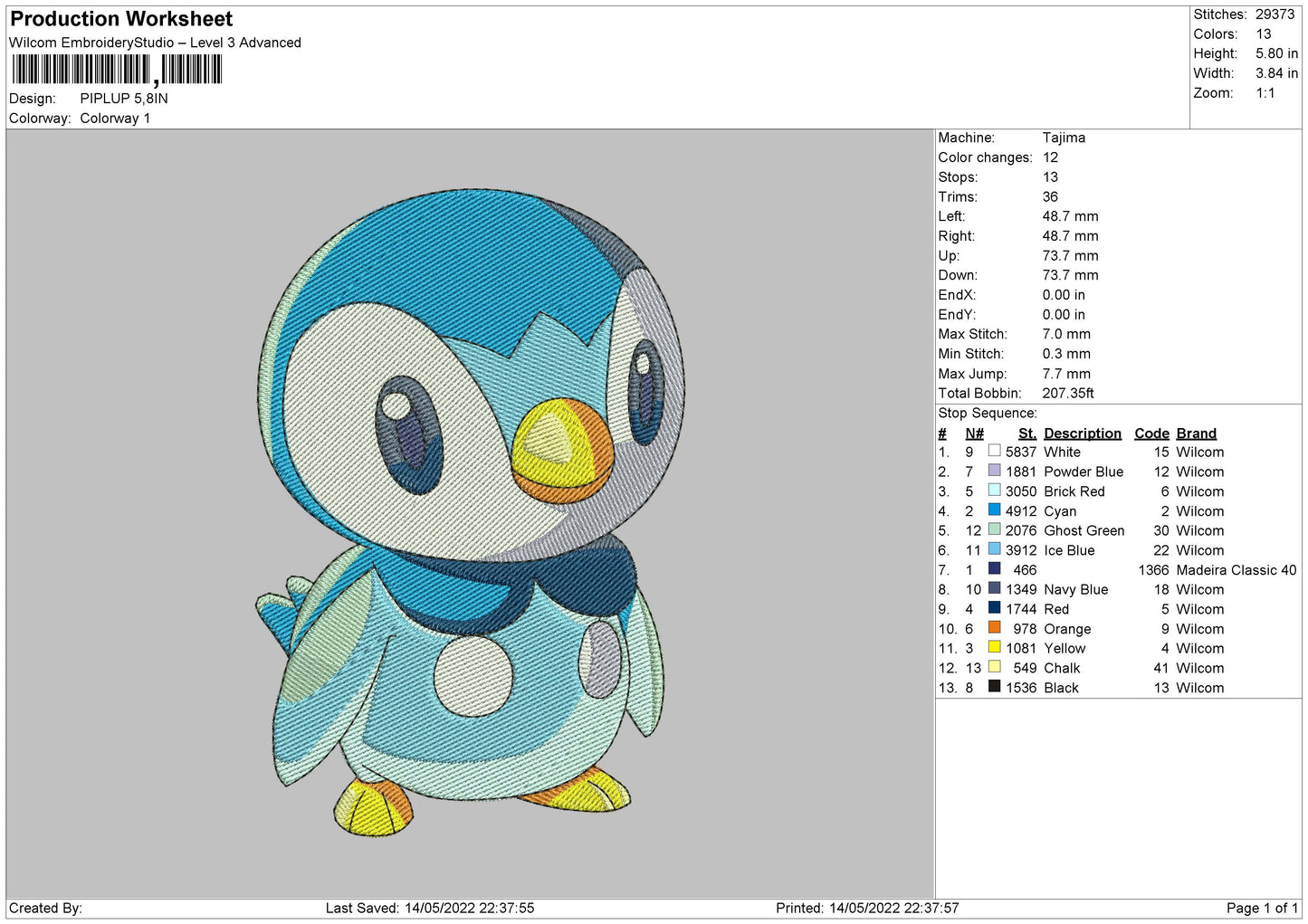 Piplup Embroidery File 4 size