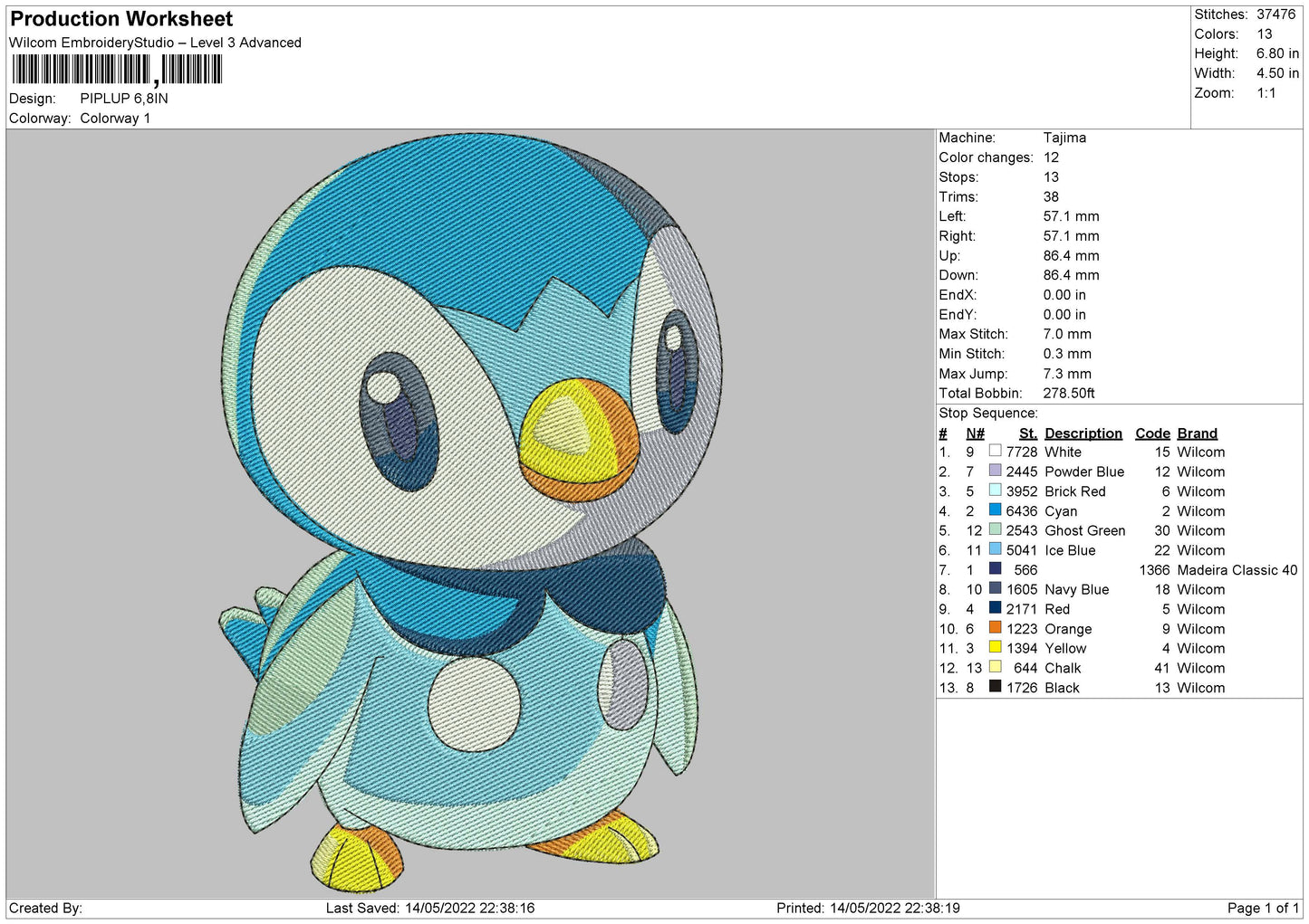 Piplup Embroidery File 4 size