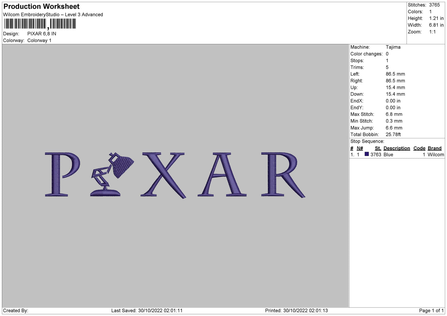 Pixar Embroidery Fil 6 sizes