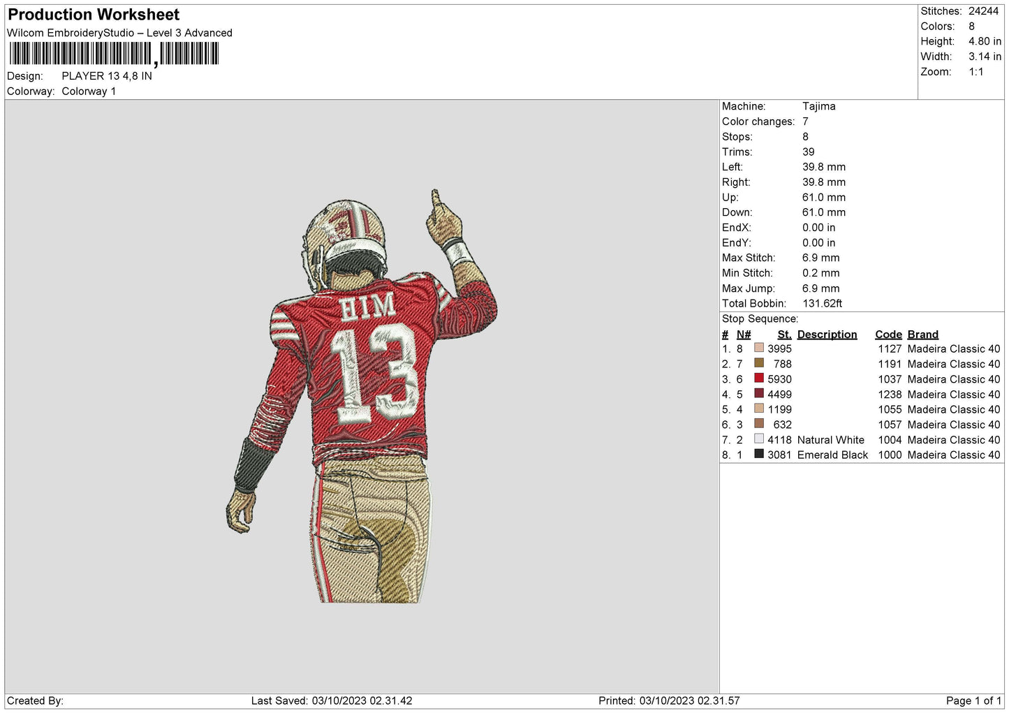 Player 13 Embroidery File 6 sizes