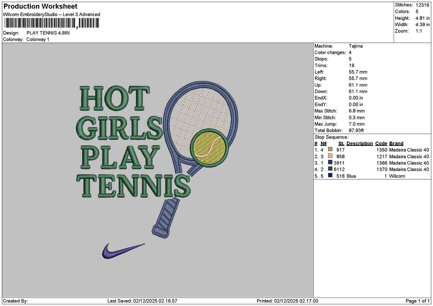 Tennistext 0212 Embroidery File 6 sizes