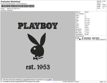 Playboy Est 1953 Embroidery File 4 size