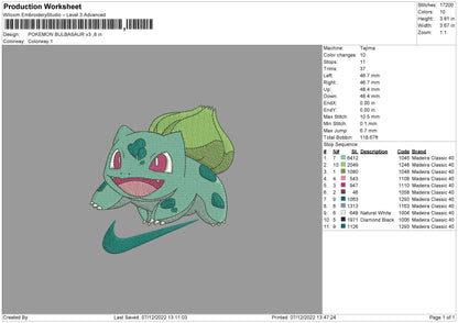 Bulbasaur Swoosh V3 Embroidery File 6 sizes