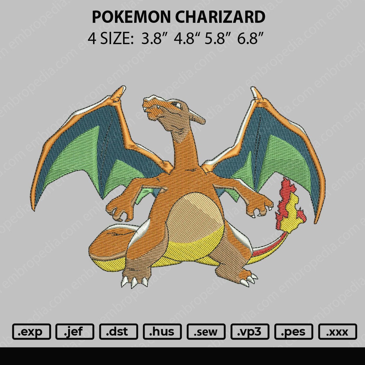 Pokemon Charizard Embroidery File 4 size