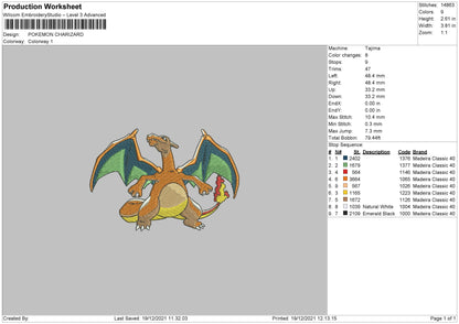 Pokemon Charizard Embroidery File 4 size
