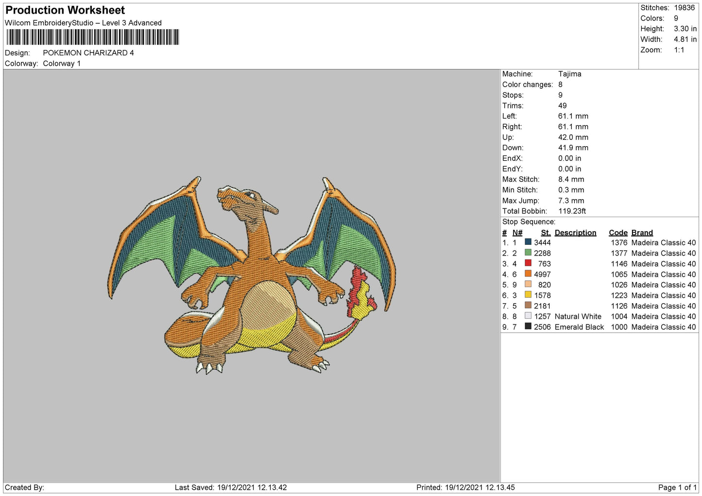 Pokemon Charizard Embroidery File 4 size