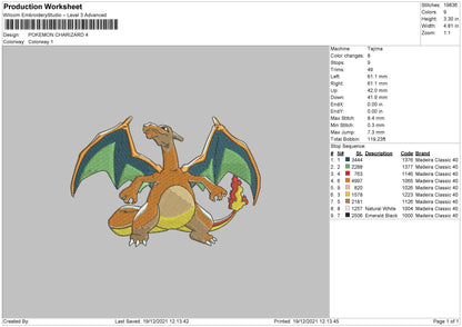 Pokemon Charizard Embroidery File 4 size